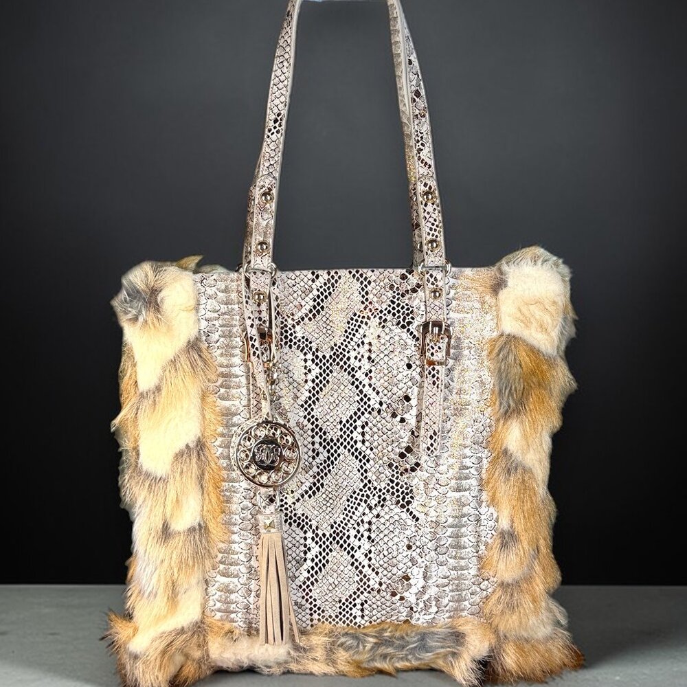 Sharif Studio Rare Snake Embossed Leather & Faux Fur Trimmed Shoulder Tote Bag